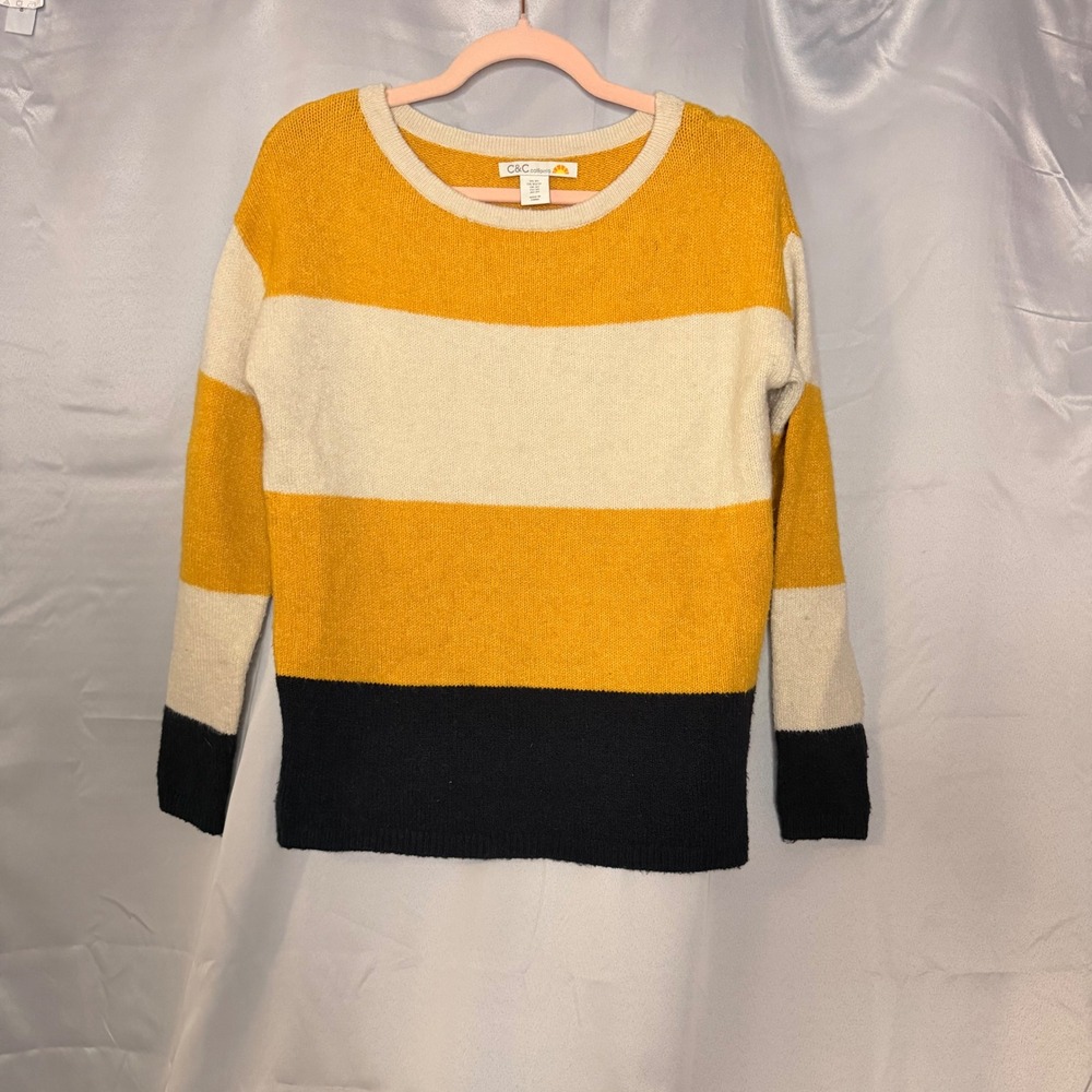 C&C California Womens XS Colorblock Striped Wool Blend Sweater Mustard‎ Navy